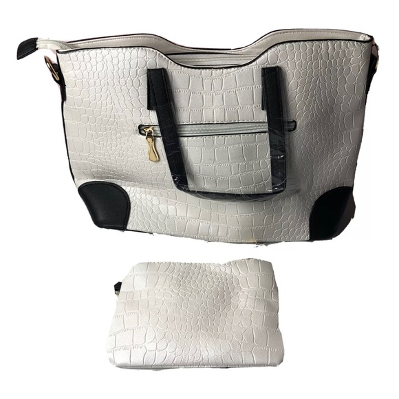 White Black Faux Leather Croc Satchel Handbag Set - Picture 2 of 6